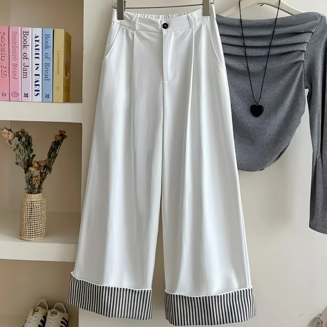 日韩系两穿拼接条纹翻卷边洗水棉阔腿裤女秋复古宽松直筒休闲裤子