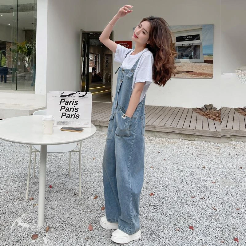 酷盐系奶甜牛仔背带裤女夏季薄款小个子韩版宽松网红减龄两件套装