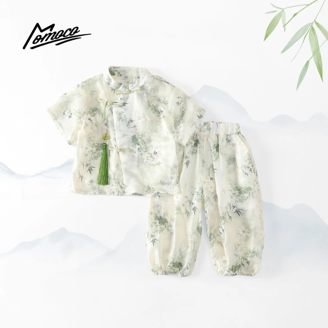 MOMOCO男女童新中式夏季时尚气质竹子短袖长裤两件套77230578465