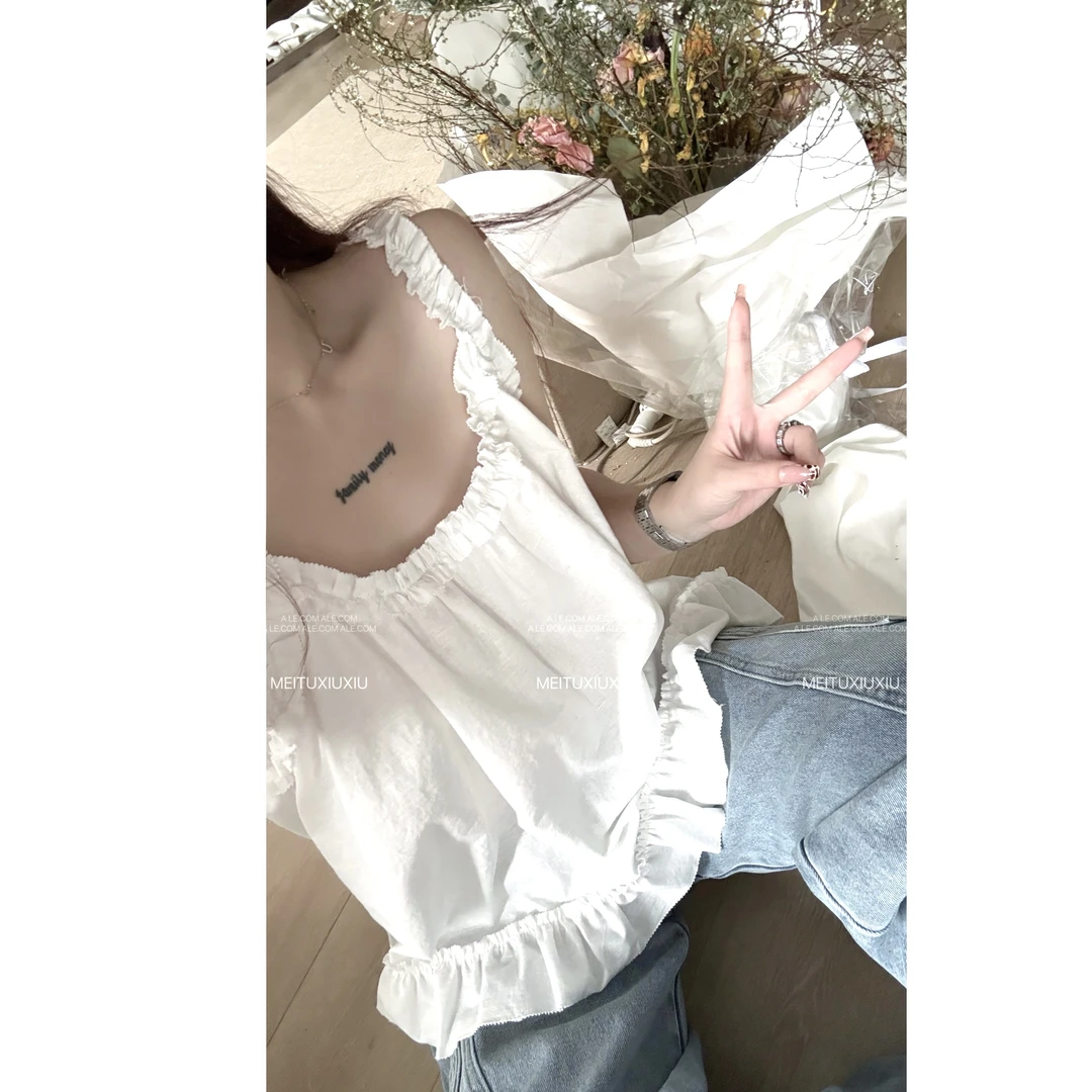 【阿乐家】大码微胖”叠穿神器“纯欲风木耳边抽褶宽松无袖吊带