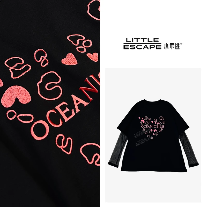 小乖逃怦然心动 爱心黑色T恤拼接假两件网纱袖子宽松上衣 S25107