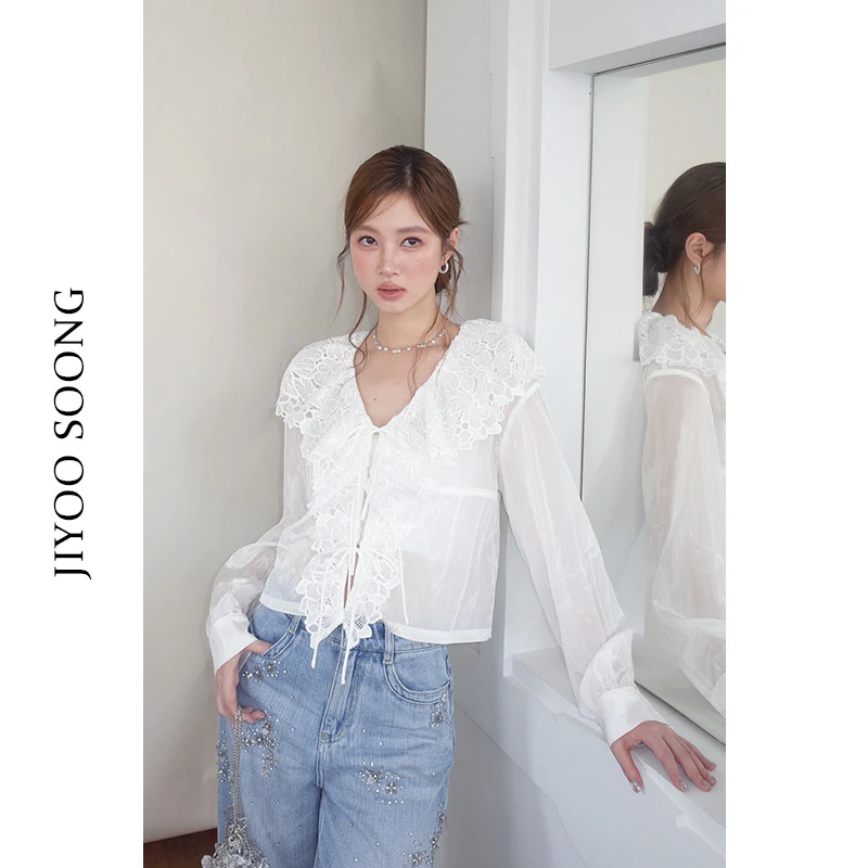 JIYOO SOONG | 科技缎感面料定制水溶蕾丝荷叶领绑带开衫