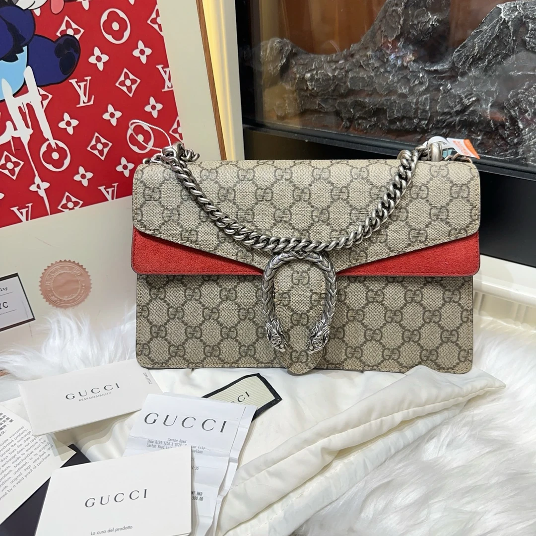 95新 GUCCI/古驰 古驰中号拼红酒神斜挎包 cj4117