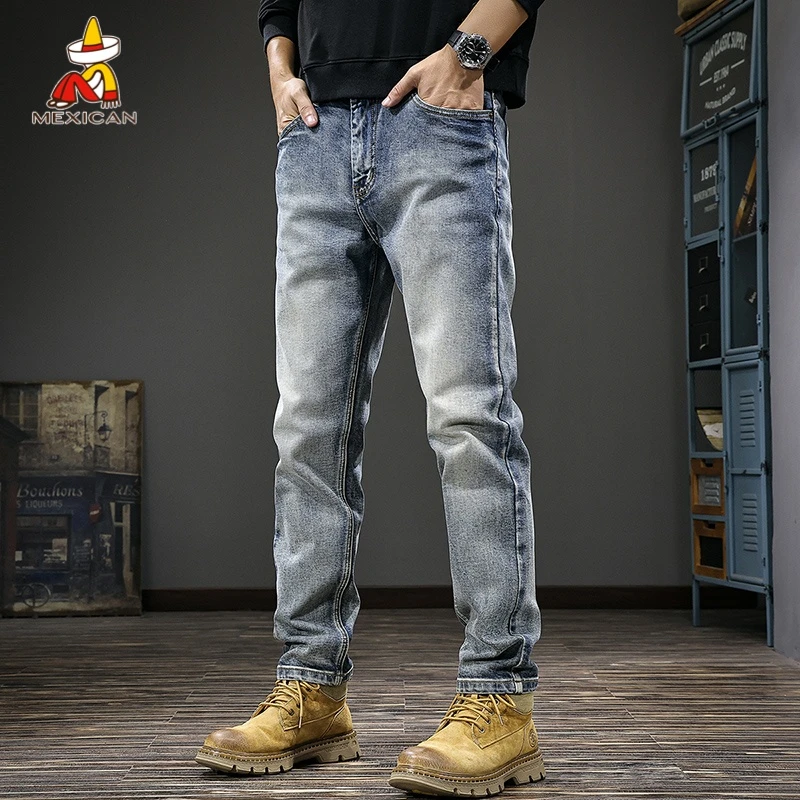 Mexican/稻草人美式痞帅牛仔裤男款春季潮牌休闲男士修身直筒裤子