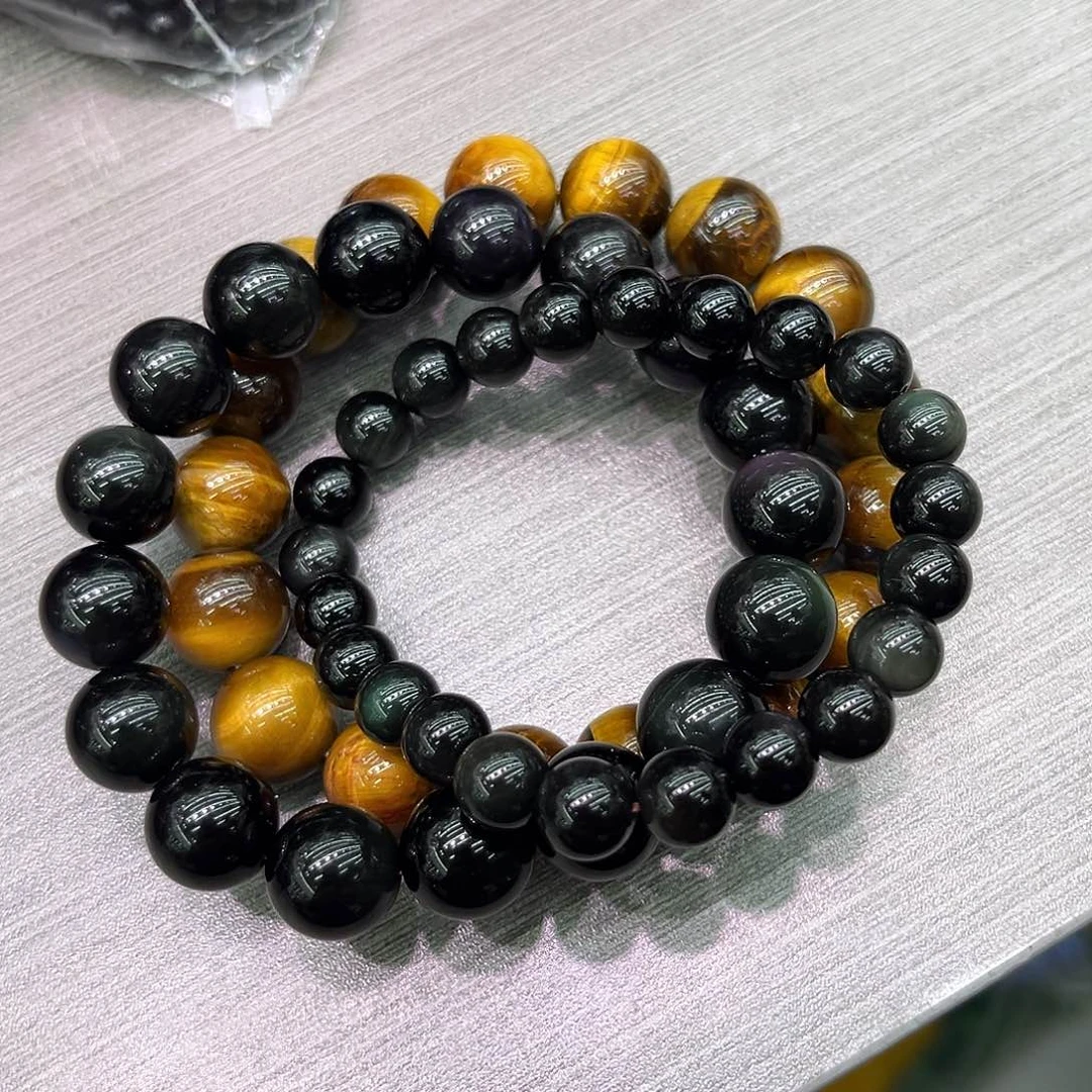 水晶虎眼石黑曜石共3条未镶嵌