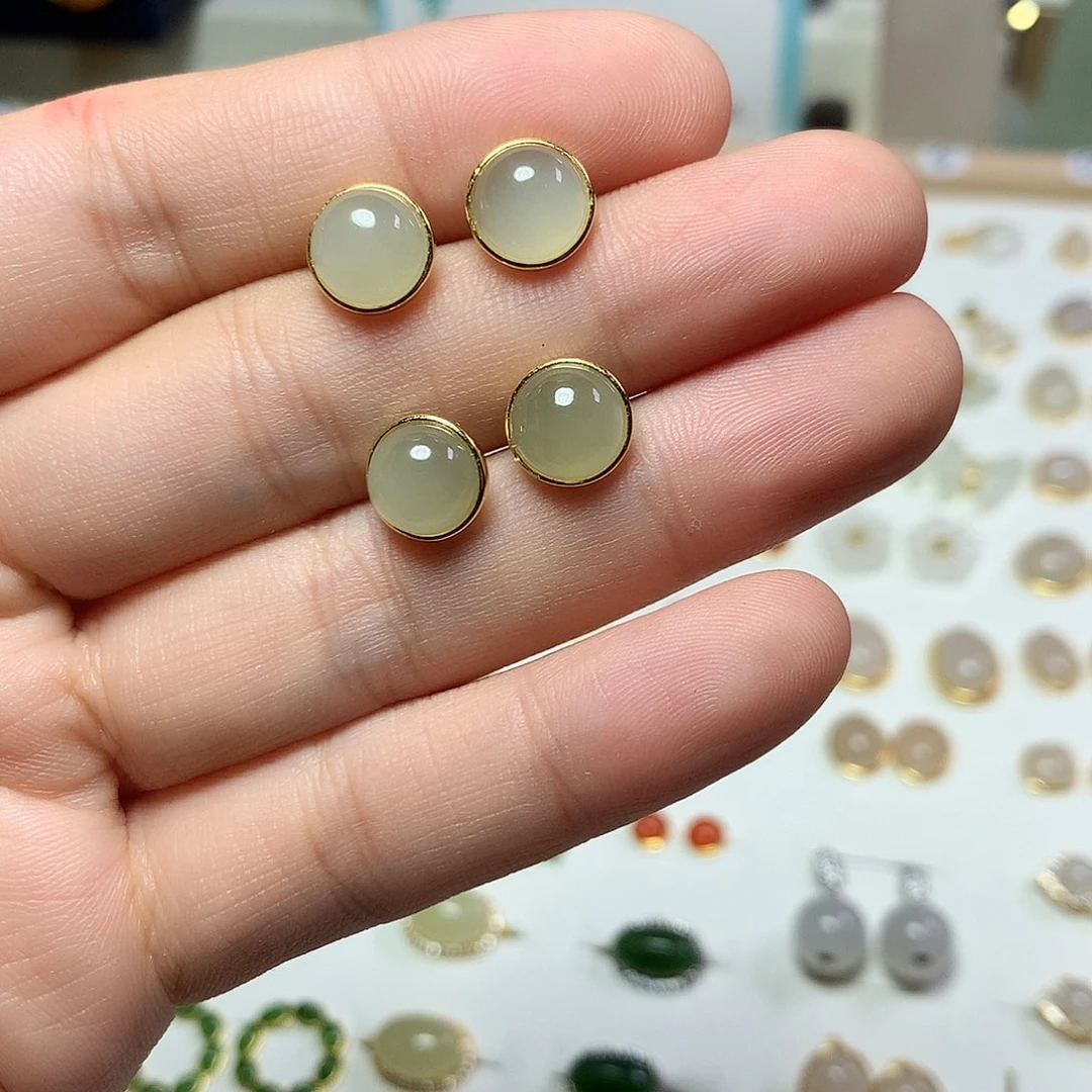 银S925镀金镶嵌和田玉（青白玉）耳饰