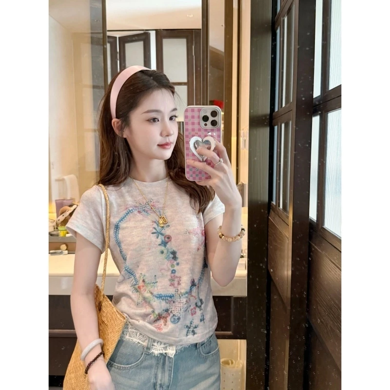 【星星连线】春夏新款正肩辣妹涂鸦短袖-DX2025175