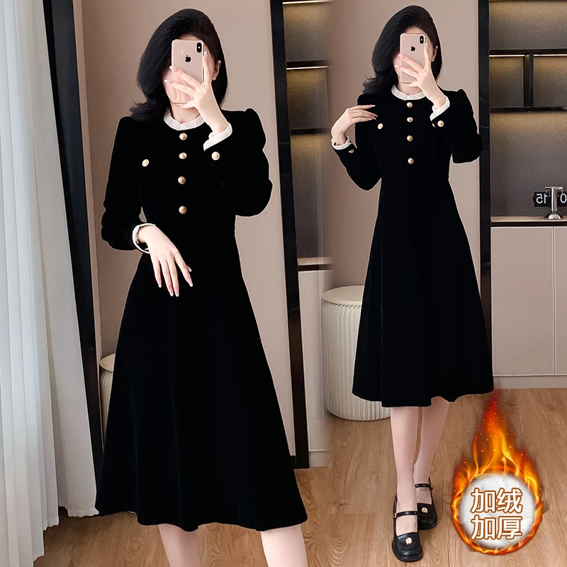 大码秋冬赫本风复古连衣裙富家千金收腰显瘦礼服百搭小黑裙9707