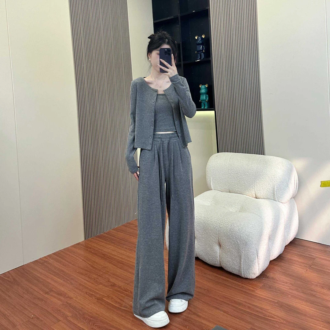 拉夏贝尔休闲开衫阔腿裤三件套女春秋韩版慵懒风运动服时尚套装