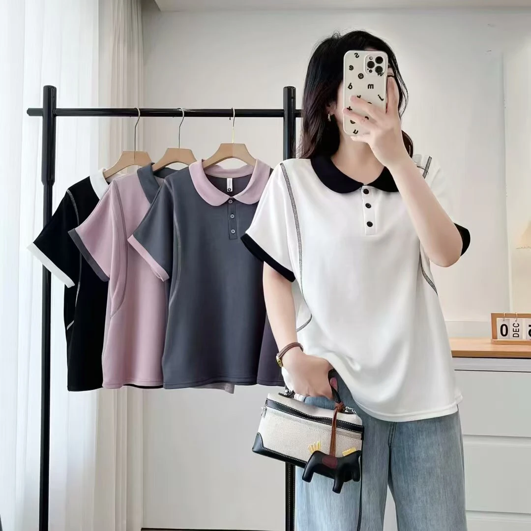 微胖大码女装夏季洋气时尚POLO领撞色休闲宽松设计感正肩上衣8333