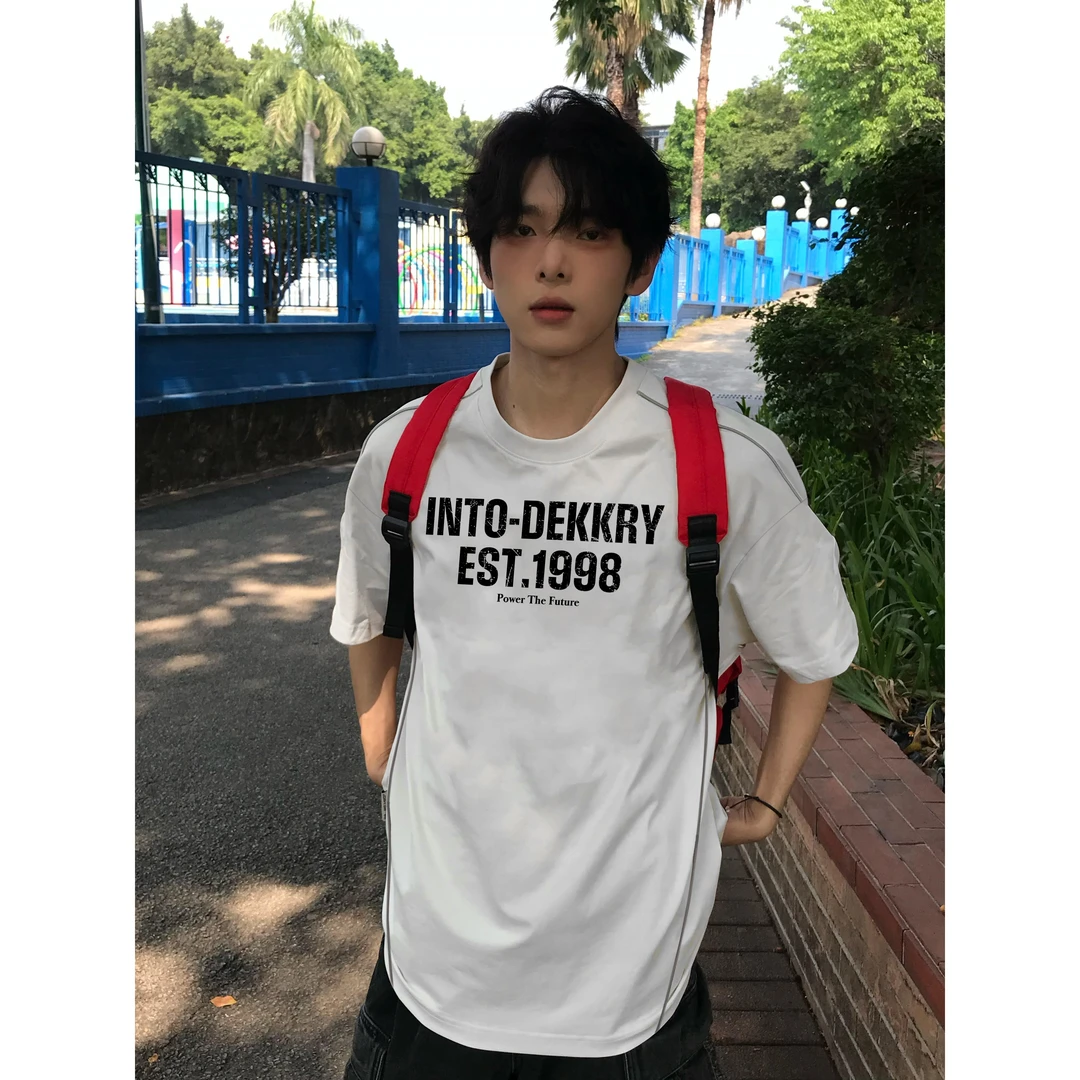 100%纯棉美式模糊字母印花线条短袖t恤男女夏季宽松情侣百搭上衣