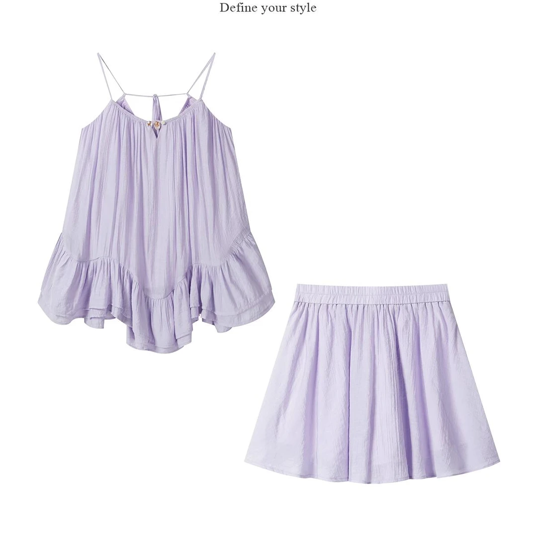 羊城故事-紫色荷叶边吊带半身裙套装女氛围感两件套Y50550174