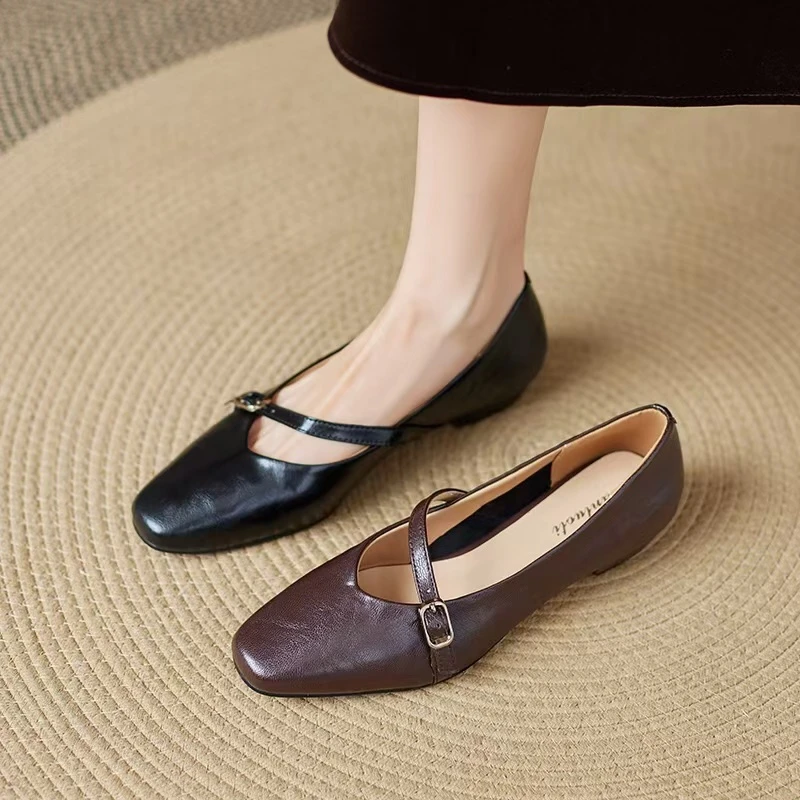 复古真皮玛丽珍平底2025新款春秋羊皮棕色软底浅口女鞋低跟单鞋