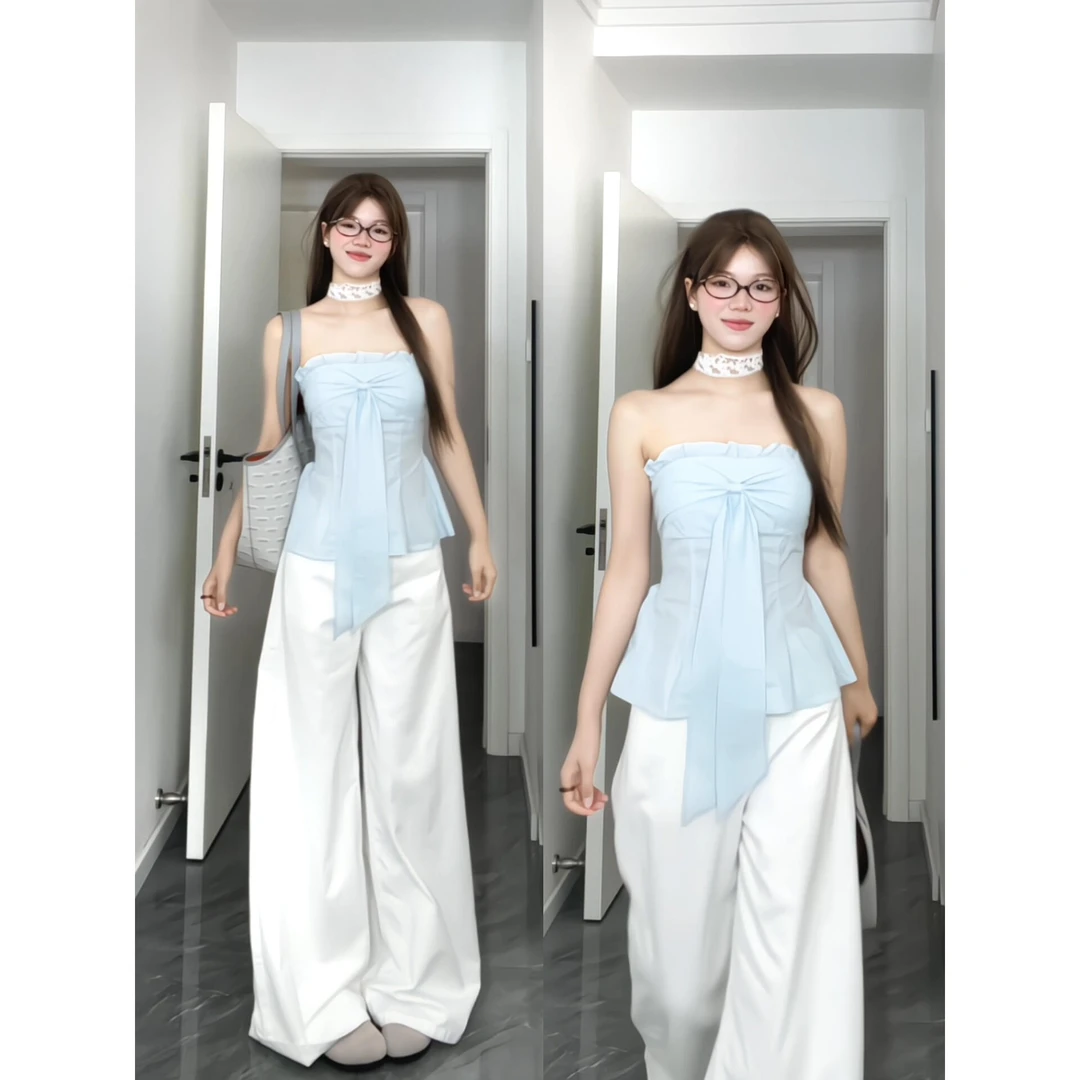 甜系纯欲风薄荷蓝蝴蝶结抹胸吊带上衣女夏季高腰微喇牛仔裤套装