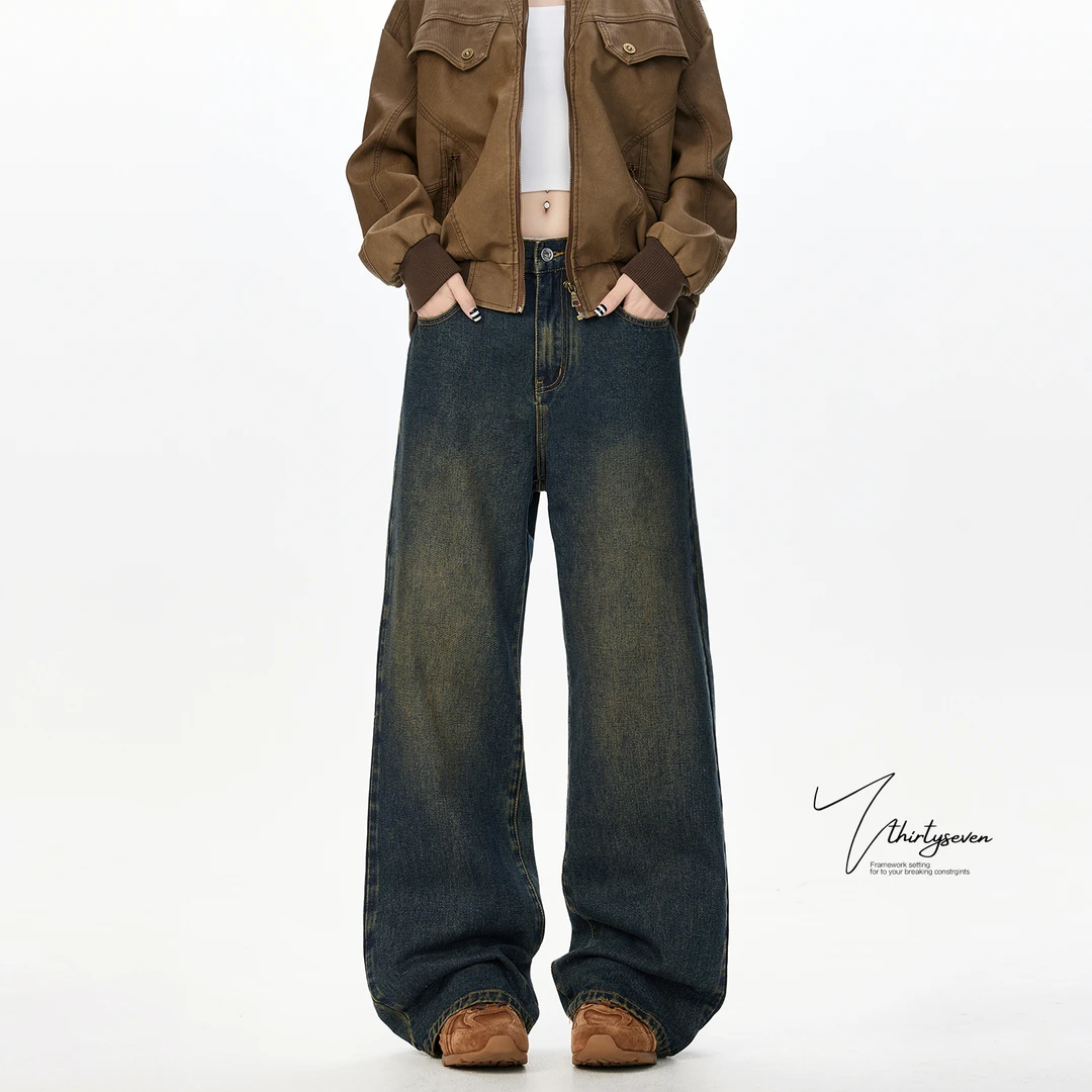 V37美式vintage做旧蓝直筒牛仔裤男秋季潮牌街头水弯阔腿裤子