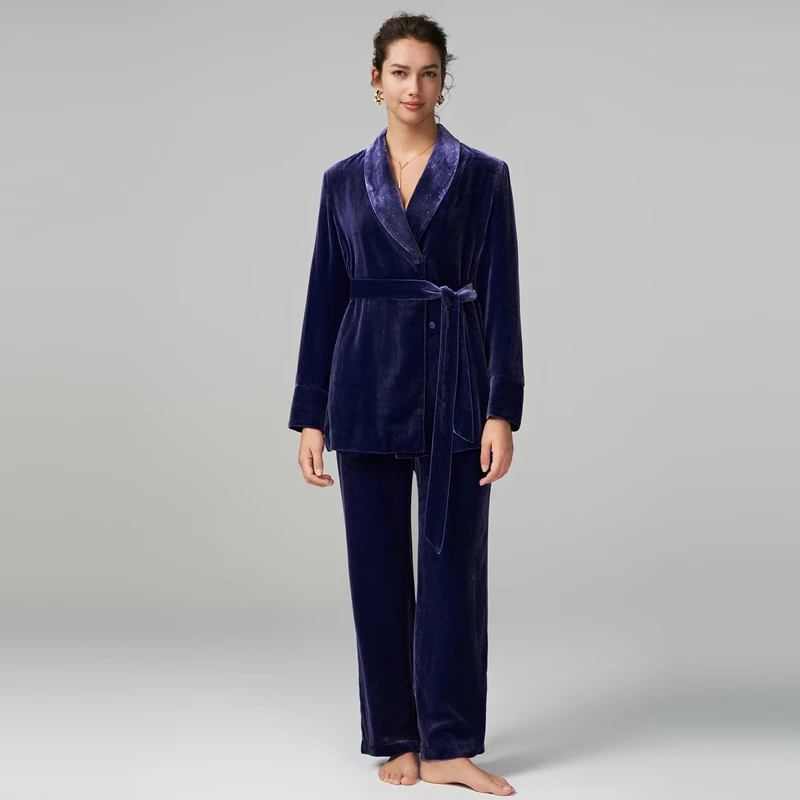 爱慕蔚兰家居服套装高端桑蚕丝睡衣女居家服两件加厚冬款AM468931