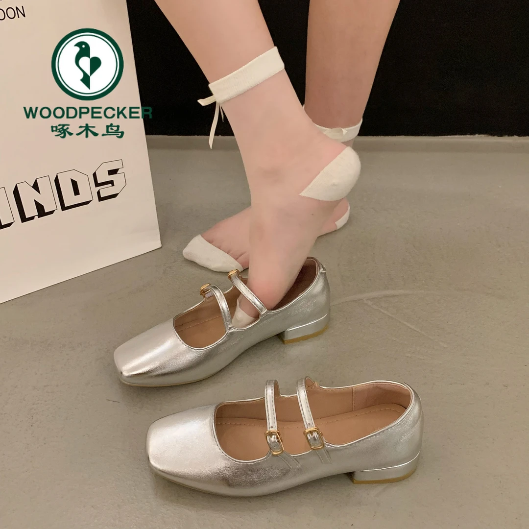 啄木鸟银色玛丽珍小皮鞋女配裙子粗跟单鞋女2025新款晚晚风温柔鞋