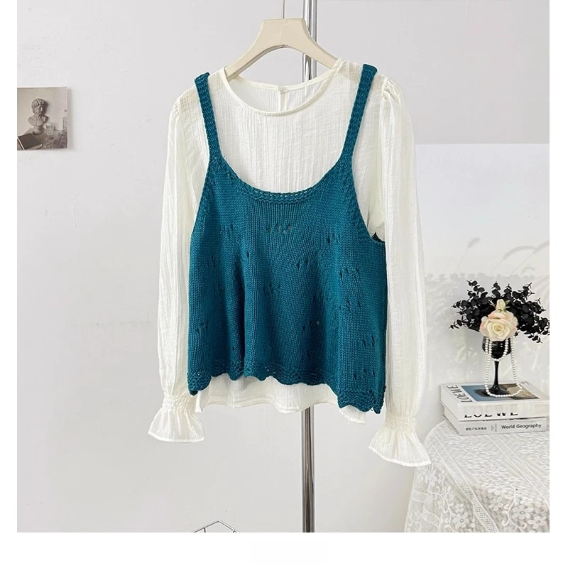 固质针织马甲吊带背心叠穿长袖衬衫两件套女秋季韩系百搭洋气减龄