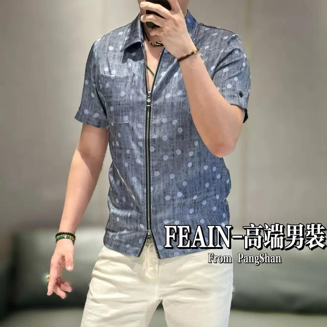 高端定制满天星点缀波点上下开拉链短袖夹克5275