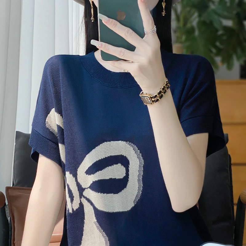夏季大码洋气提花针织衫女宽松显瘦上衣薄款百搭圆领冰丝短袖T恤