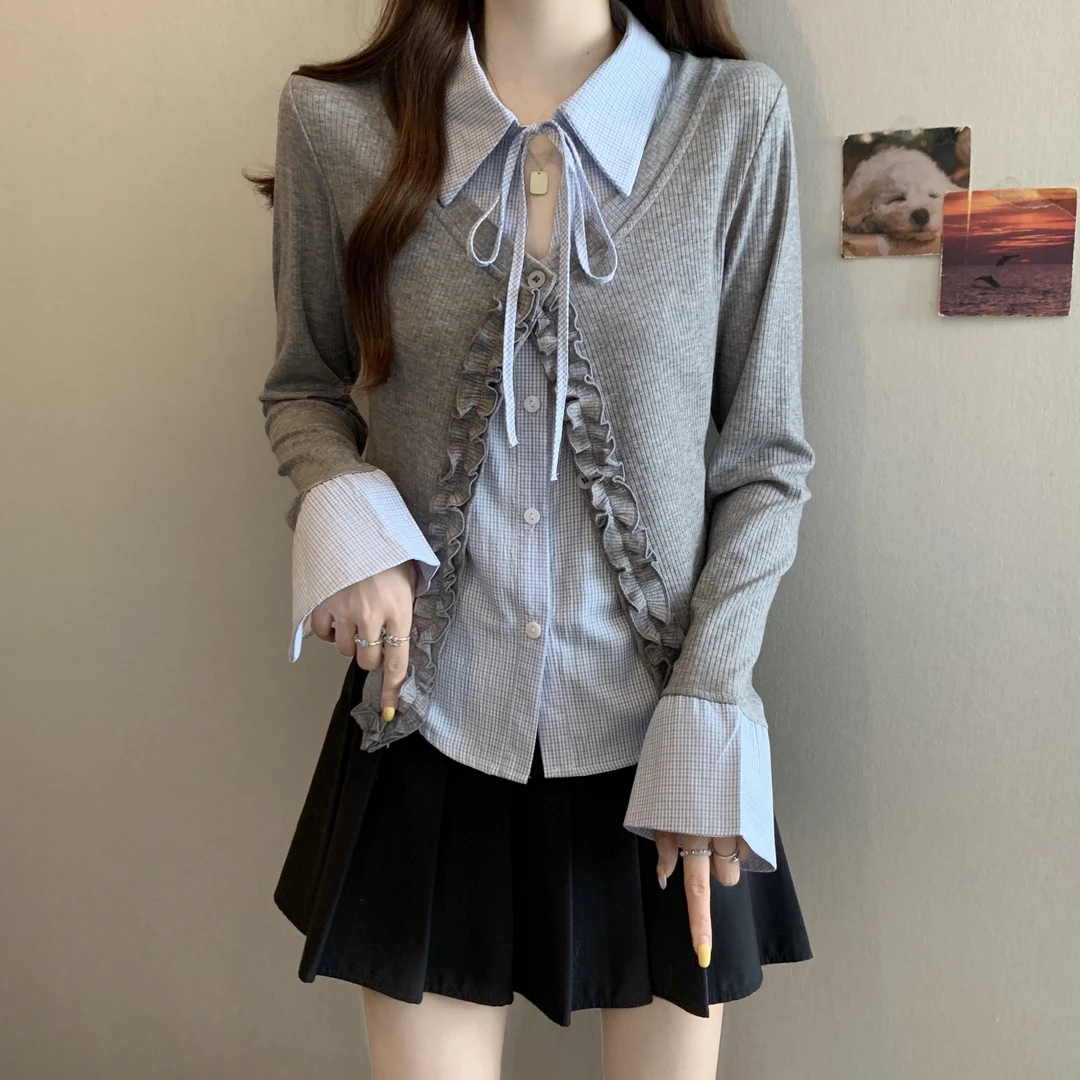 洋气减龄木耳边长袖衬衫2025新款秋季大码女装胖mm假两件衬衣上衣