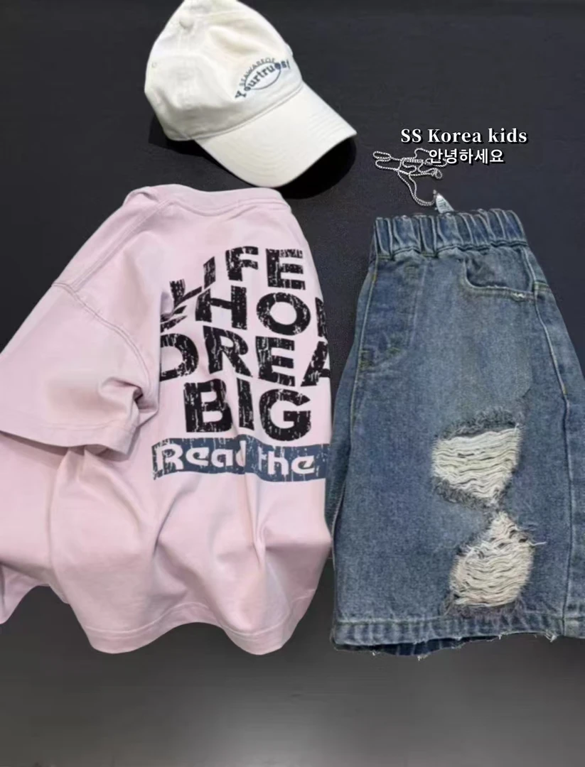 儿童夏款套装2025新款男童短袖男孩设计款T恤宽松破洞牛仔短裤潮