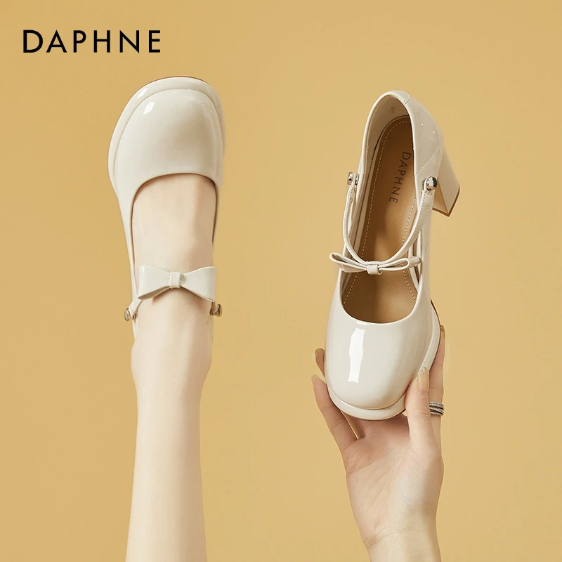 达芙妮女鞋高跟玛丽珍鞋春季2025年新款一字扣粗跟蝴蝶结休闲单鞋