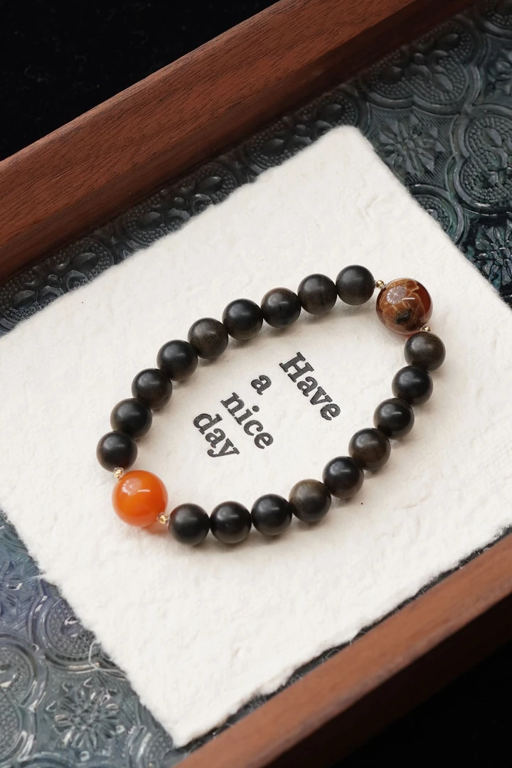 时光机 天然印度供料阴沉沉水老山檀9mm圆珠单圈手串18K