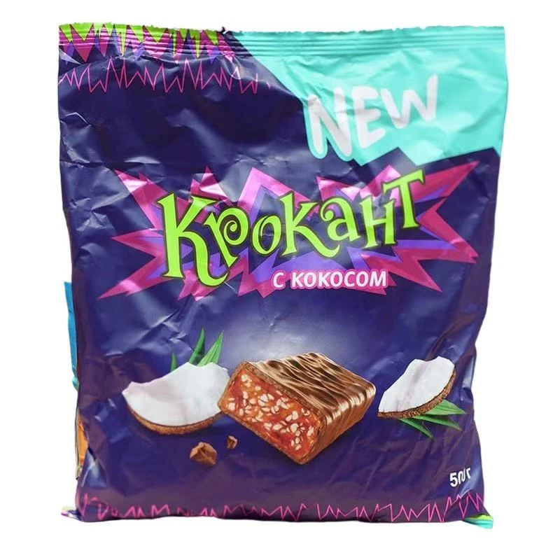 （旗立诺）俄罗斯进口紫皮糖KDV椰蓉巧克力味夹心糖500克