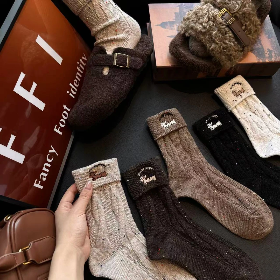 FFI(5双)秋冬加厚保暖粗针点子纱刺绣搭勃肯鞋毛毛拖鞋中筒堆堆