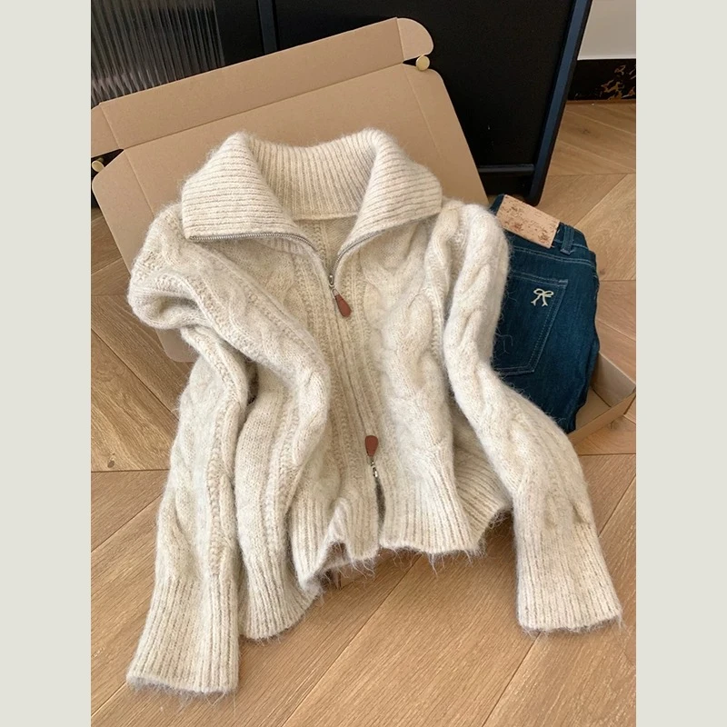 美拉德双拉链立领麻花毛衣外套女秋冬新款宽松短款针织衫开衫上衣