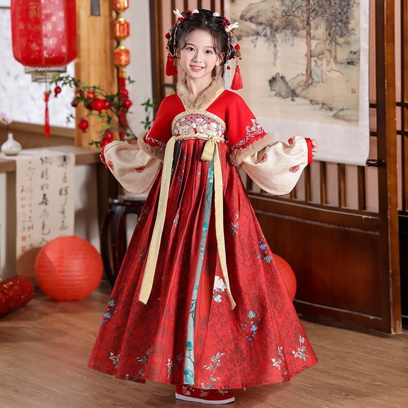 新款汉服女童冬款儿童古风古装拜年宝宝加绒秋冬中国风唐装过年服