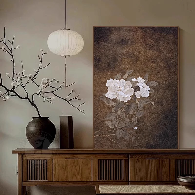 中古风花卉客厅装饰画侘寂中式玄关背景墙挂画宋代美学茶室墙壁画