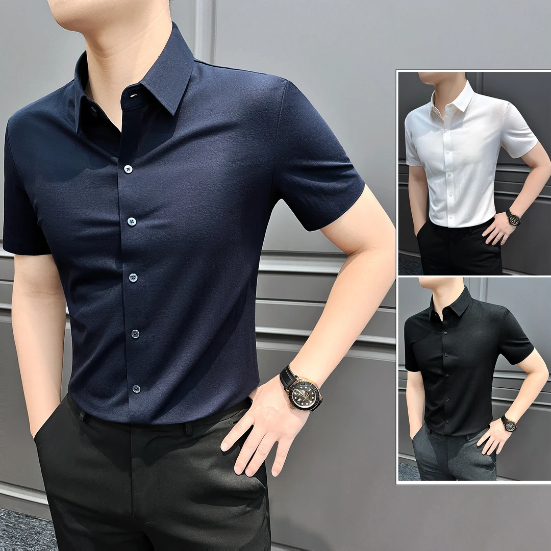 新疆长绒棉纯色男士衬衫秋季商务休闲轻奢风男装修身男款短袖衬衫