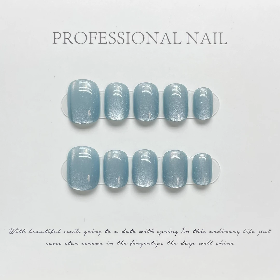 多巴胺手工穿戴冰透蓝猫眼手工纯色短款美甲七彩射彩虹猫眼短圆