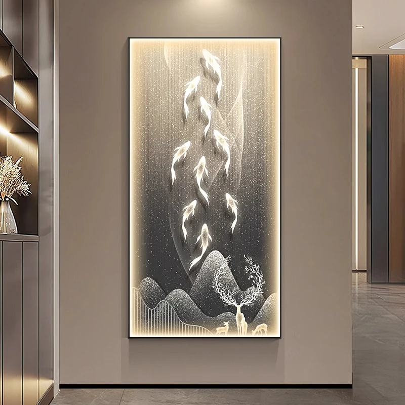 现代轻奢玄关装饰画九鱼图高级感过道挂画简约抽象入户正对门壁画