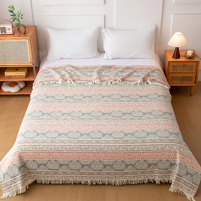 {土耳其毯}厚款色织中古风条纹经典款棉麻床盖手工流苏盖毯中古纹