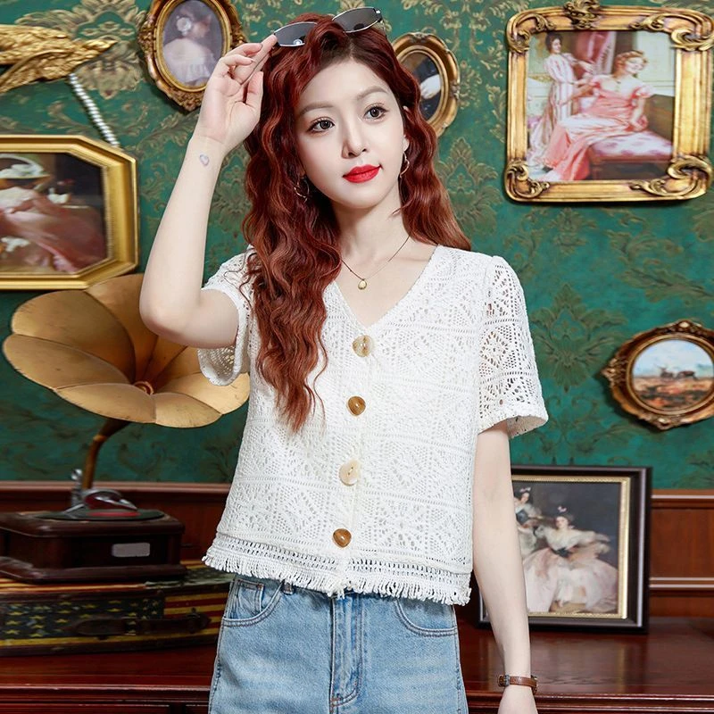 法式气质短袖蕾丝衬衫上衣女士夏季2025新款减龄洋气收腰遮肚衬衣