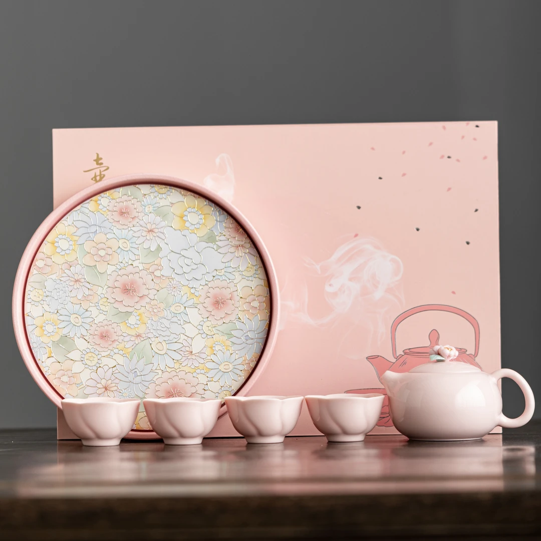 【礼盒装】粉色陶瓷手工捏花西施壶家用茶壶套装一壶四杯带茶盘