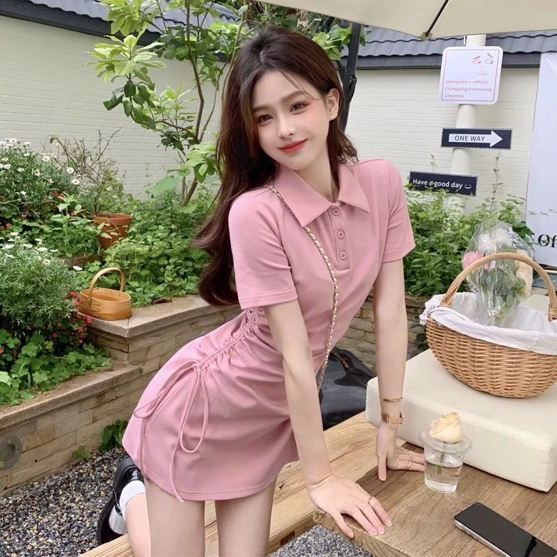 纯欲风洋气POLO领连衣裙女夏季春游新款抽绳绑带衣服短袖裙子女装