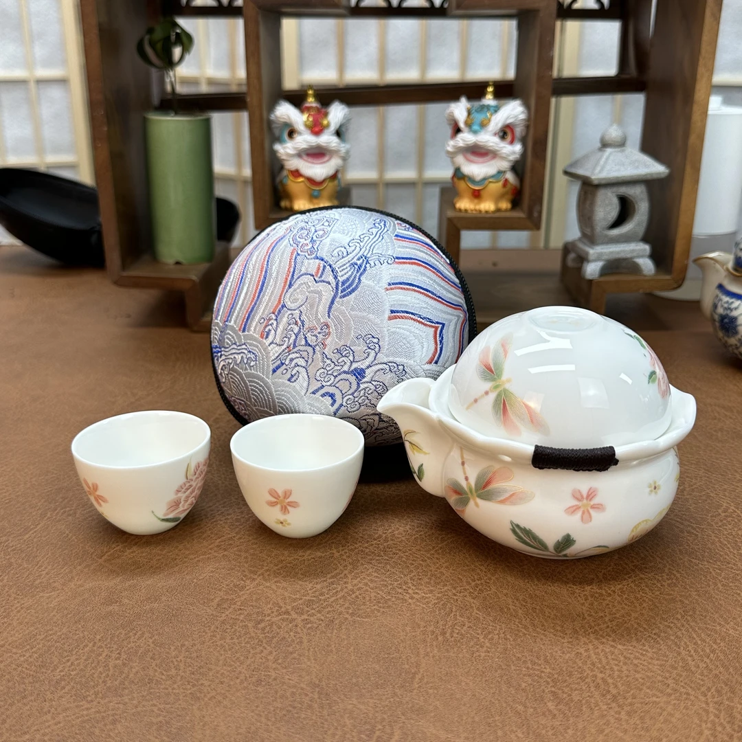 909-羊脂玉刺绣陶瓷花旅行茶具白瓷宝瓶手抓壶主人杯户外茶具车载