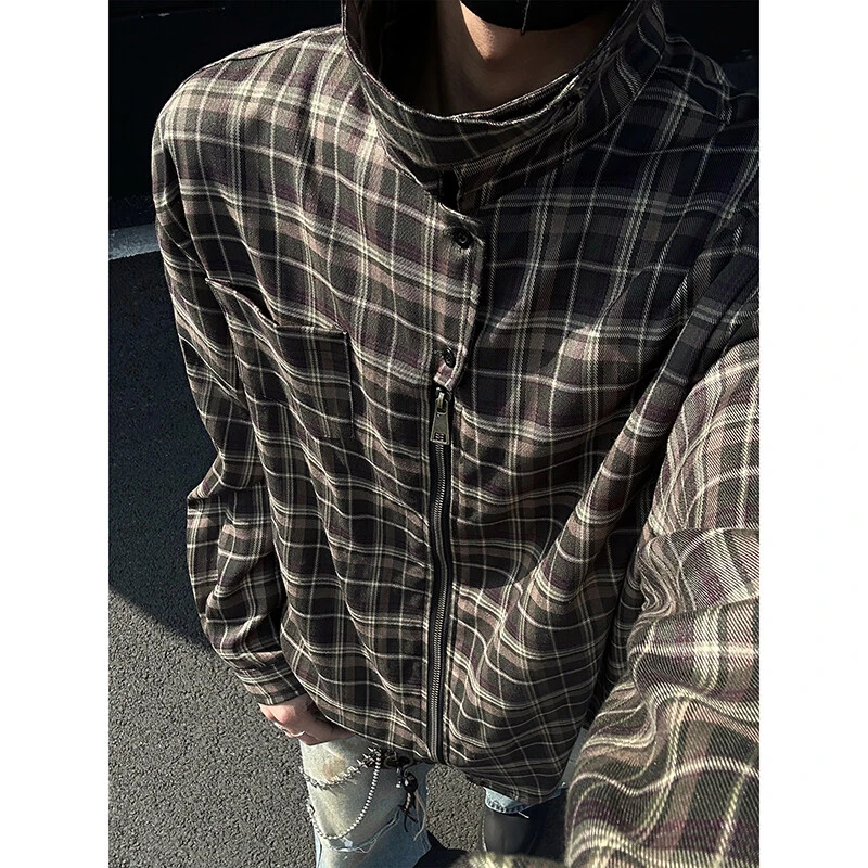 美式复古格子休闲衬衫男士2025春季新款青少年帅气百搭宽松上衣