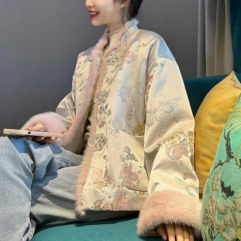 2025新款新中式国风缎面刺绣棉袄外套女秋冬季棉服唐装上衣