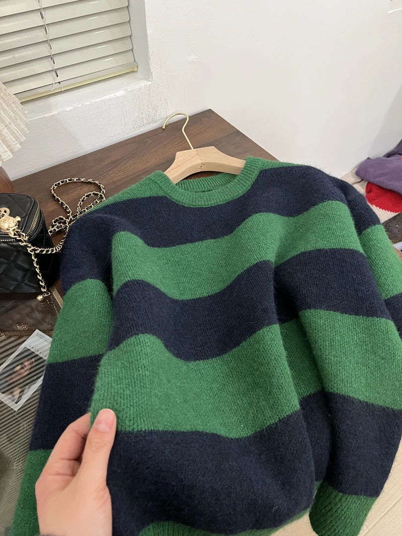 「条纹绿」复古风绿~韩版慵懒风内搭针织打底衫毛衣女厚