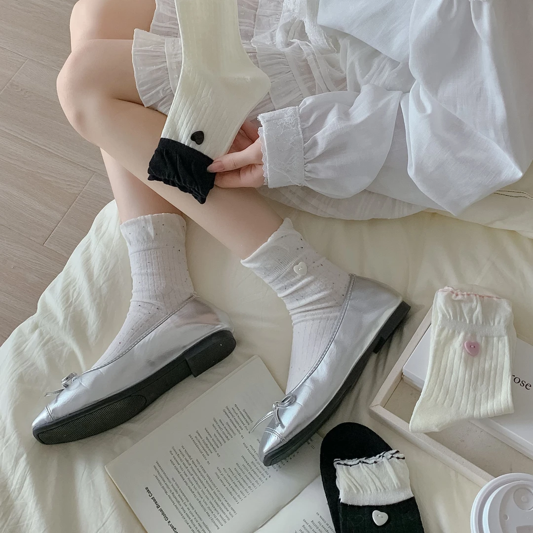 春夏新款韩女必备爱心纽扣点子沙棉袜泡泡口显瘦透气百搭设计感