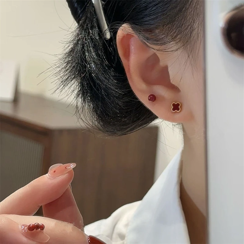 合金贝壳耳饰 红色两对四叶草耳钉轻奢女简约