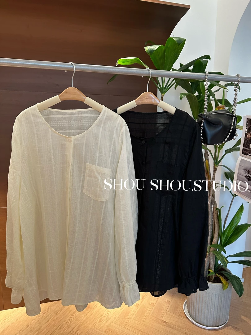 【瘦瘦】大码夏季圆领小口袋天丝百搭宽松薄款花边长袖衬衫S01711