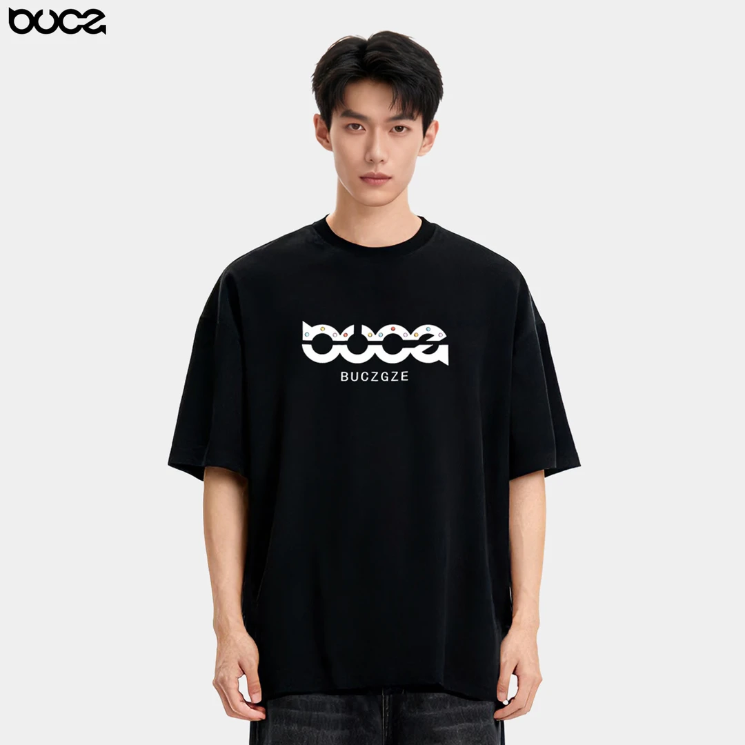 BUCZGZE纯棉重磅300g宽松T恤烫钻圆领打底男女款春夏休闲情侣款