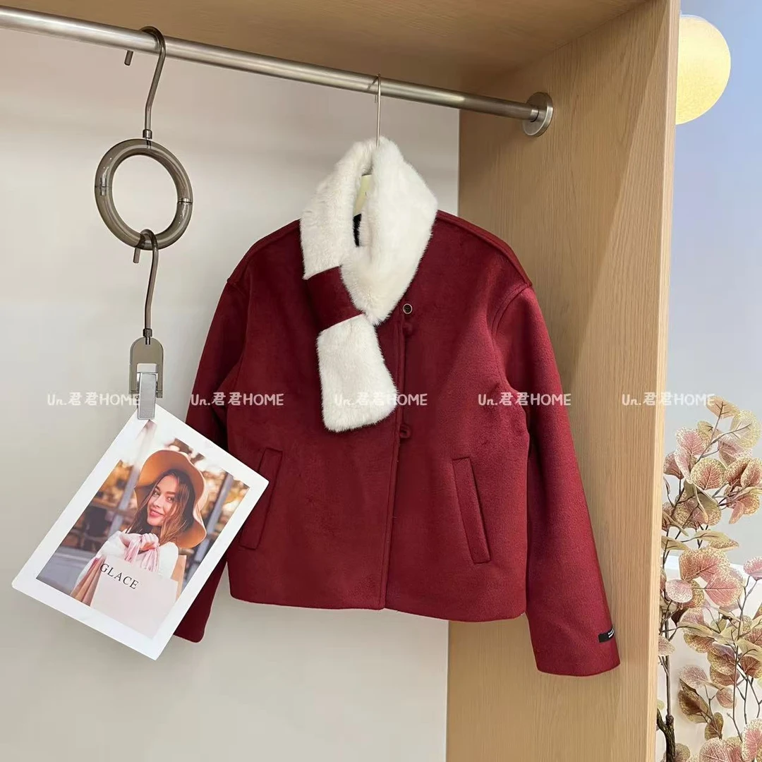 君君家【毛毛围巾】百搭氛围感加绒加厚简约羊绒外套3212