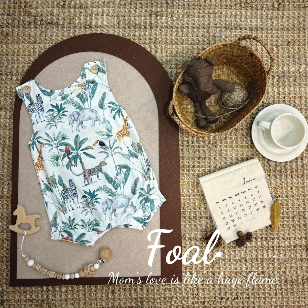 Foal【环游肯尼亚】欧美风薄棉夏季柔软宝宝背心肩开扣短袖爬服